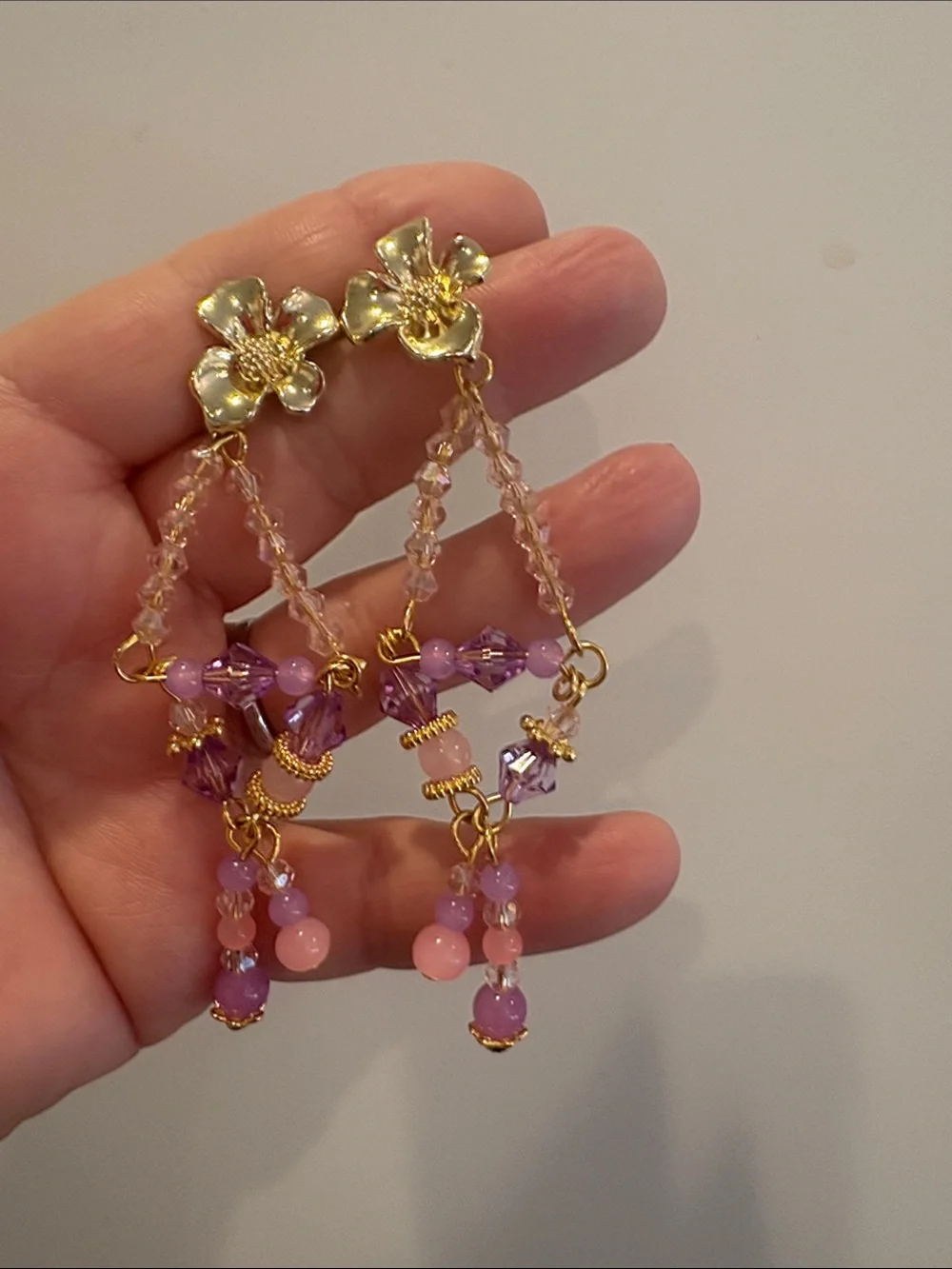Gold Floral Drop Earrings with Pink and Purple Beads-NWT